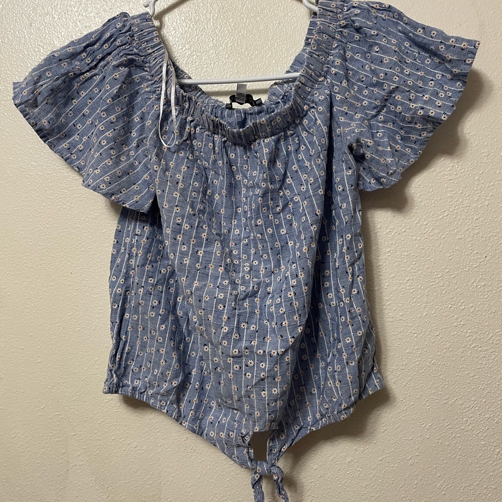 Baby blue white strip flower shirt